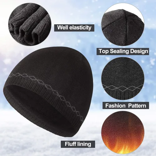 Vista 4 de Gorro de invierno para hombre, cálido, de punto, con puños, para esquí, calavera, forro polar