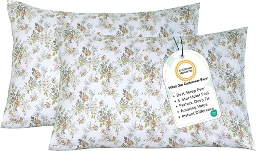 Vista 29 de Feather & Stitch - Juego de 2 fundas de almohada estándar de 100 % algodón, 500 hilos, fundas de almohada suaves con cierre tipo sobre, suaves