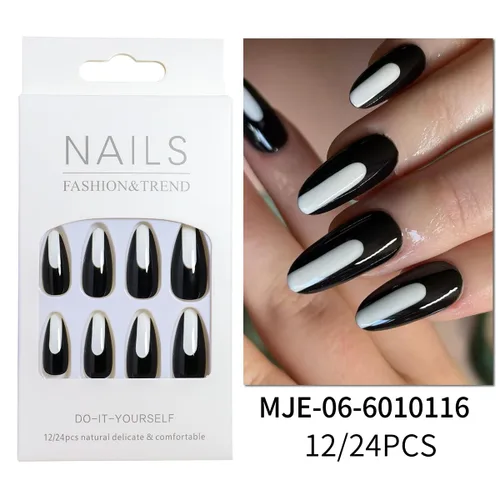 Vista 2 de 24 uñas postizas medianas a presión, color blanco y negro, uñas con pegamento en forma de almendra, uñas postizas brillantes con diseños, uñas