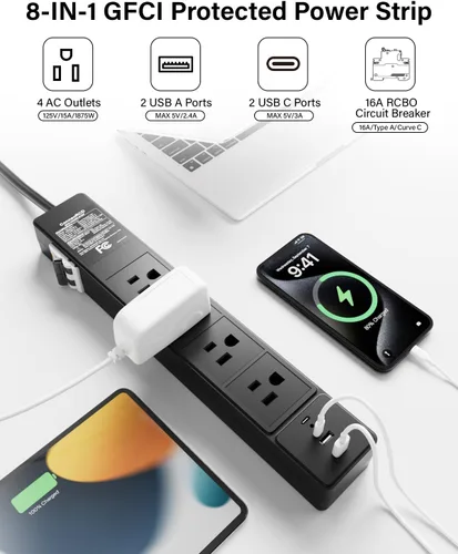 Vista 2 de GFCI - Regleta de alimentación con 4 salidas y 4 puertos USB (2 USB-C), cable de extensión resistente protegido contra sobretensiones de 6 pies Negro