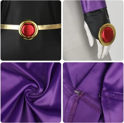 Vista 7 de Disfraz de cuervo para mujer, overol negro con capa morada con capucha, capa y cinturón, traje de Halloween, fiesta de cosplay