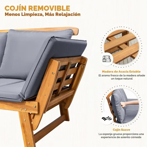 Vista 6 de Greesum - Sofá cama convertible para patio con reposabrazos ajustables, cama de día de madera de acacia para exteriores con cojín y almohada, banco