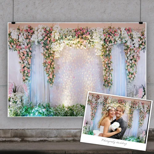 Vista 2 de Telón de fondo floral de boda de 5 x 3 pies, cortina de escenario blanco, rosa rosa, fondo de fotografía para despedida de soltera, boda, fiesta
