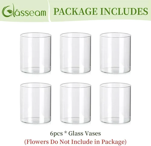 Vista 7 de Glasseam Jarrones Cilíndricos para Centros de Mesa, Juego de 6 Jarrones de Vidrio Transparente para Flores, Jarrón Moderno Pequeño para Velas
