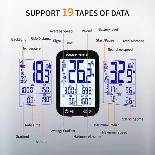 Vista 2 de GPS Bike Computer, 2.4" Screen, Altitude, Gradient, IPX7, 28H Negro-a