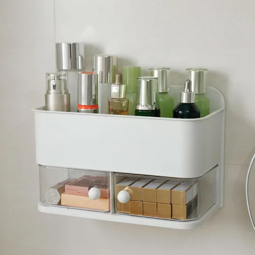 Vista 7 de Organizador de pared para baño, organizador de ducha de plástico 2 en 1 y soporte para Qtip, estante de almacenamiento adhesivo grande con cajón