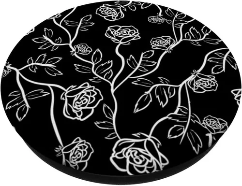 Vista 2 de Rose Bush Rose Petals Thorn Leaves Black White PopSockets Standard PopGrip