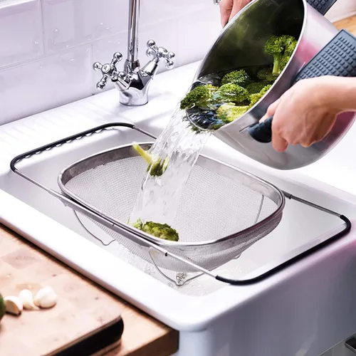 Vista 6 de Colador ovalado de acero inoxidable para colocar sobre el fregadero con asas de goma expandibles, colador de malla fina para cocina, colador de 6