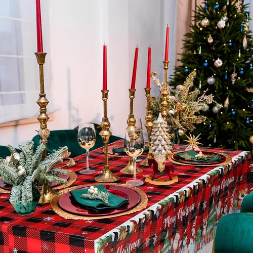 Vista 7 de Tiamon 3 piezas de mantel de Navidad 54 x 108 pulgadas, rojo, negro, mantel a cuadros de búfalo para mesa rectangular, mantel desechable de plástico