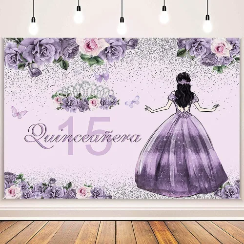 Vista 2 de AIBIIN Telón de fondo de quinceañera de 7 x 5 pies, corona dorada, vestido floral morado, corona de princesa, fondo de fotografía, fiesta