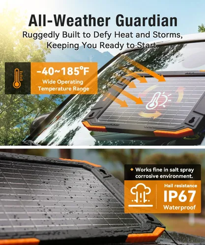 Vista 6 de BALDR Cargador de batería solar de 13 W actualizado, mantenedor de 12 V, portátil, impermeable, panel solar, kit de carga de goteo para automóvil