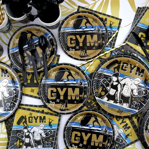 Vista 5 de KEFAN Decoraciones de fiesta de gimnasio, paquetes de suministros para fiesta de cumpleaños, levantamiento de pesas, deportes, suministros de fiesta