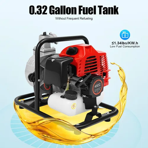Vista 4 de Bomba de Agua de Gas Gasolina, 1" 2 Tiempos 1.7HP Bomba de Transferencia de Agua de Gasolina de Alta Presión para Piscina, Paisajismo o Riego