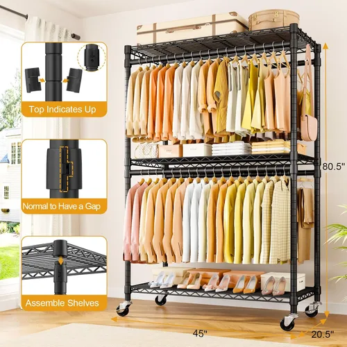 Vista 7 de ULIFHOME P5 Plus - Perchero resistente para colgar ropa, perchero de metal con ruedas, estante portátil de 3 niveles para armario de 45 pulgadas