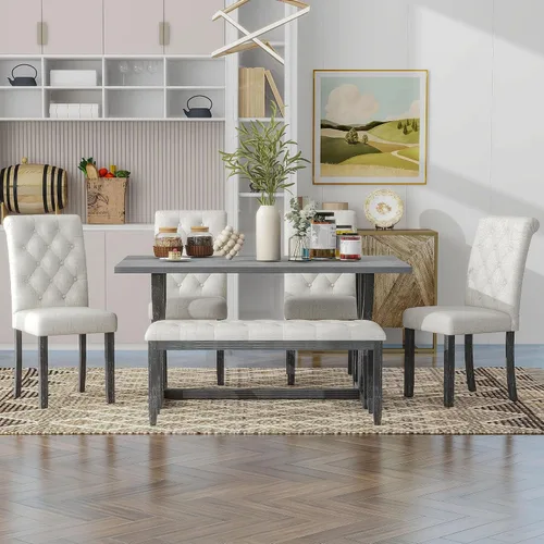 Vista 88 de Juego de mesa de comedor vintage de 6 piezas, juego de mesa de comedor de cocina de madera maciza con 4 sillas ergonómicas acolchadas y banco, mesa