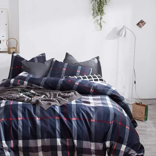 Vista 2 de Wellboo - Juego de edredón de tamaño King, color azul marino a cuadros, ropa de cama geométrica de tartán, edredón de algodón, para hombres y 3-azul