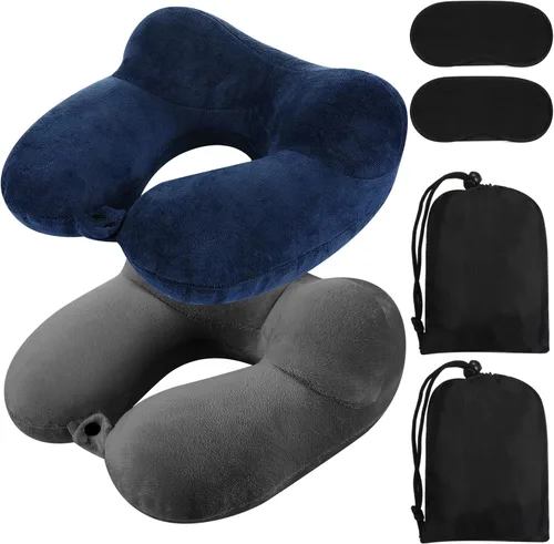 Vista 11 de Sintuff Paquete de 2 Almohadas de Viaje Inflables para Aviones Almohadas de Vuelo Inflables para el Cuello con Bolsa Compacta y Antifaz para Viajar