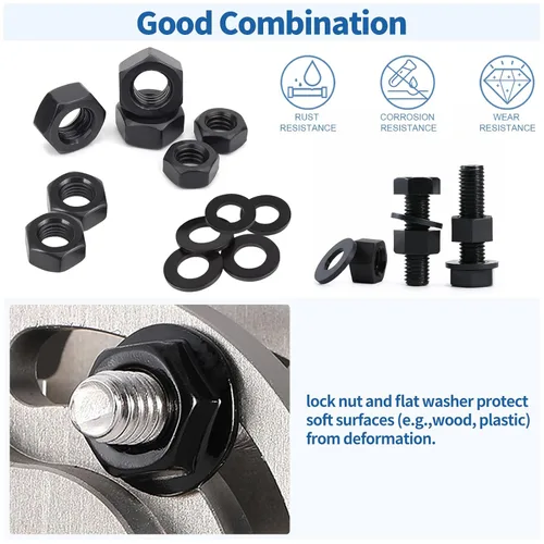 Vista 6 de Kit surtido de 320 tuercas de seguridad negras, arandelas planas M3 M4 M5 M6 M8 M10 M12 inserción de nailon de acero al carbono tuercas