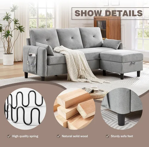 Vista 5 de Sofá modular convertible, sofá pequeño de 3 plazas en forma de L de 77 pulgadas con diván de almacenamiento reversible, sofá moderno de tela