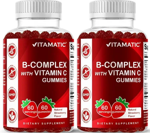 Vista 11 de Gomitas de complejo de vitamina B Vitamatic con vitamina C e inositol - Sabor natural a fresa - 60 gomitas (1 botella)