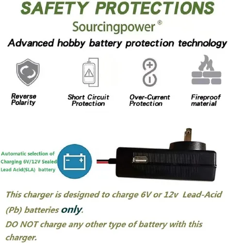 Vista 4 de Cargador de batería de plomo ácido de 6 V/12 V para juguetes de paseo de 12 V/6 V para niños, cargador SLA para 6 V/12 V PB, batería eléctrica