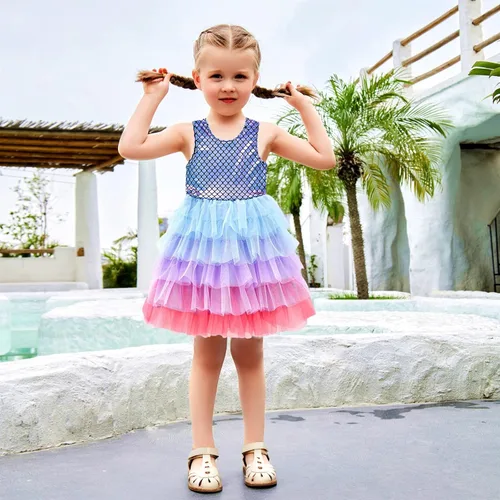 Vista 3 de Vestido de sirena, vestido de sirena para niñas, vestido de princesa para niñas pequeñas, vestido de verano de tul para fiesta, sin mangas, vestidos