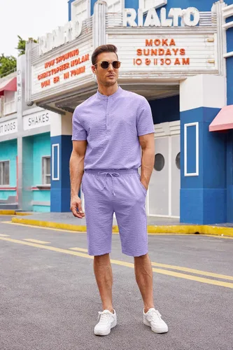 Vista 4 de COOFANDY Conjunto de 2 piezas de lino para hombre, camisas Henley casuales de manga corta, pantalones cortos de yoga para la playa, pantalones