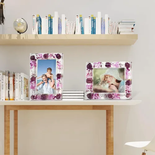 Vista 7 de FONMY Marco de fotos de 5 x 7 pulgadas, marco acrílico de flores moradas para decoración de pared y mesa, marcos de fotos únicos con flores secas