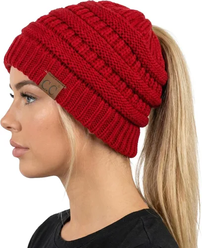 Vista 10 de Funky Junque Gorro de Cola de Caballo para Mujeres - Gorro de Invierno Ponyback Suave Elástico de Punto Trenzado Cola Alta Gorros para Correr