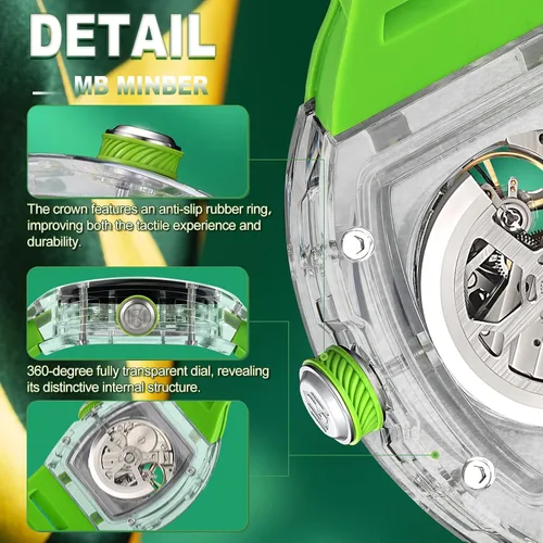 Vista 6 de MINBER Reloj automático de esqueleto, esfera de 1.693 in con manecillas luminosas, reloj de cuerda automática, resistente al agua 3 ATM, plástico