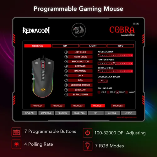Vista 8 de Redragon M711 Cobra - Mouse para videojuegos con retroiluminación croma RGB de 16.8 millones de colores, 10.000 DPI, 7 botones programables