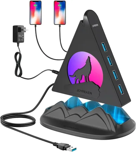 Vista 12 de Hub USB 3.0 alimentado, concentrador de 6 puertos (4 puertos de datos USB 3.0 + 2 puertos de carga inteligente) con adaptador de CA de 48 W, luz RGB