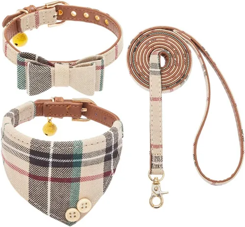 Vista 29 de EXPAWLORER Juego de collar y correa para cachorros, collar clásico a cuadros para perros pequeños con corbatín, bonito juego de collar y correa