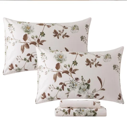 Vista 41 de FADFAY Juego de sábanas tamaño King, sábanas de algodón percal rosa floral con bolsillo profundo, ropa de cama vintage lujosa azul con estampado
