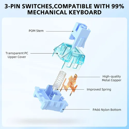 Vista 3 de MAGIC-REFINER Interruptores color azul gelatina para teclado mecánico DIY, interruptor de teclado táctil de 50 gf, 3 pines, pre-lubricado de fábrica