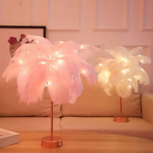 Vista 5 de Lámpara de mesa de árbol de plumas para dormitorios, lámpara de noche LED con interruptor táctil, lámpara de oro rosa, carga USB para guardería