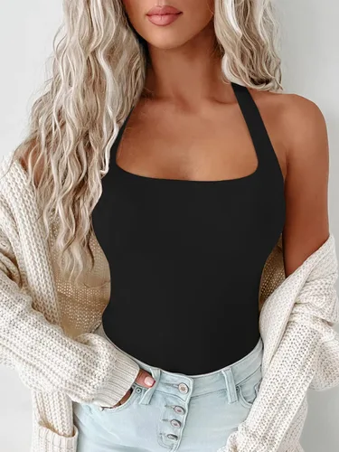 Vista 2 de Body para mujer con cuello cuadrado, sin mangas, sexy, sin espalda, ajustado, para club, Negro