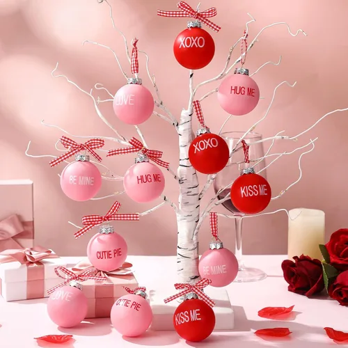 Vista 2 de DoubleFill 12 adornos de bolas para el día de San Valentín para árbol, de 1.96 pulgadas, decoraciones colgantes de San Valentín, bolas de plástico
