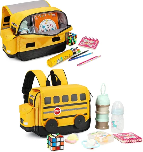 Vista 4 de Mochila para niños pequeños, preescolar, autobús, bolsa de libros 3D para jardín de infantes con lonchera aislante