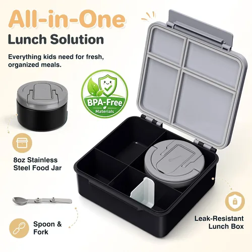 Vista 2 de Lonchera Bento para Niños con Termo para Sopa de 8oz, Contenedores de Comida para Almuerzo Impermeables para Niños con 4 Compartimentos, Tarro