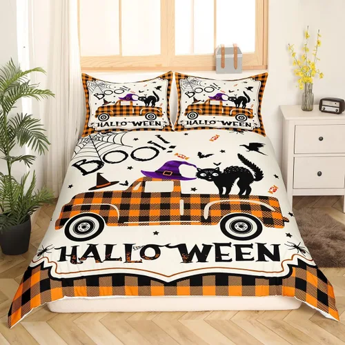 Vista 15 de Feelyou Funda de edredón de Halloween, tamaño individual, con 1 funda de almohada, decoración de Halloween, juego de ropa de cama con estampado