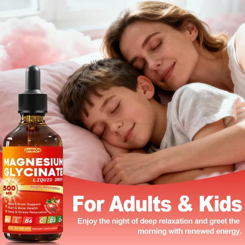 Vista 9 de Gotas líquidas de glicinato de magnesio de 500 mg – Alta absorción con vitamina B6, D3, C, zinc – Apoya el estado de ánimo, sueño, corazón y salud