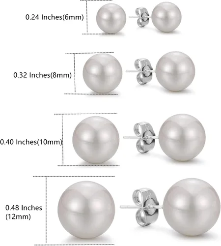 Vista 6 de lureme 4 pares de pendientes redondos de perlas de concha simulada para mujeres niñas pendientes de perlas de imitación paquete (er006323)