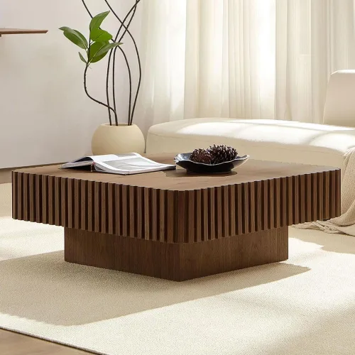Vista 28 de Mesa de Centro Cuadrada de 35.43'' para Sala de Estar Mesa de Centro Acanalada Mesa Central Moderna con Pedestal para Apartamento Negro