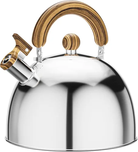 Vista 13 de Hervidor de té silbante de 2.6 cuartos de galón para estufa, de acero inoxidable de grado alimenticio con mango de madera con patrón fresco Negro