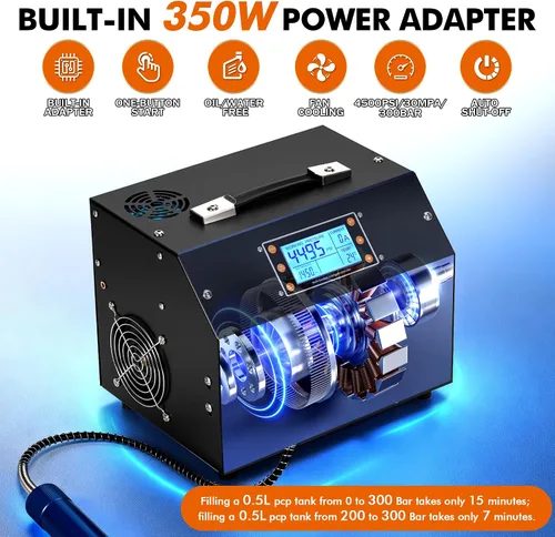 Vista 4 de TUXING Compresor de aire PCP de 4500 psi, compresor de rifle de aire con pantalla de control LCD luminosa, sin aceite/agua, transformador