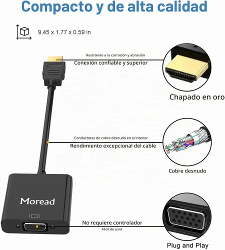 Vista 4 de Moread Adaptador activo HDMI a VGA con audio, negro