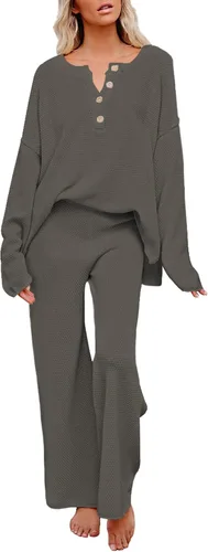 Vista 8 de Viottiset Conjunto de 2 piezas para mujer, sudadera de punto de manga larga, pantalones de pierna ancha, ropa de descanso Beige