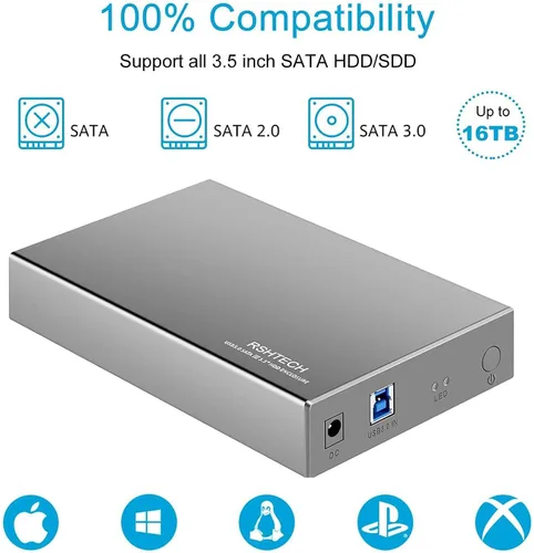 Vista 4 de RSHTECH Caja de disco duro SATA de aluminio de 3,5 pulgadas+caja de disco duro externo RSHTECH de 3,5 pulgadas USB 3.0 a SATA