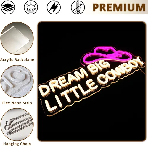 Vista 6 de Dream Big Little Cowboy - Letrero de neón para decoración de pared, letrero LED de sombrero de vaquero para habitación, luces de neón occidentales